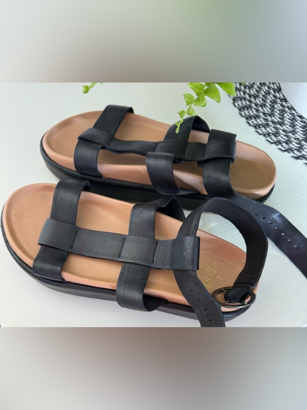 beek Black Strappy Leather Sandals with Tan Footbed